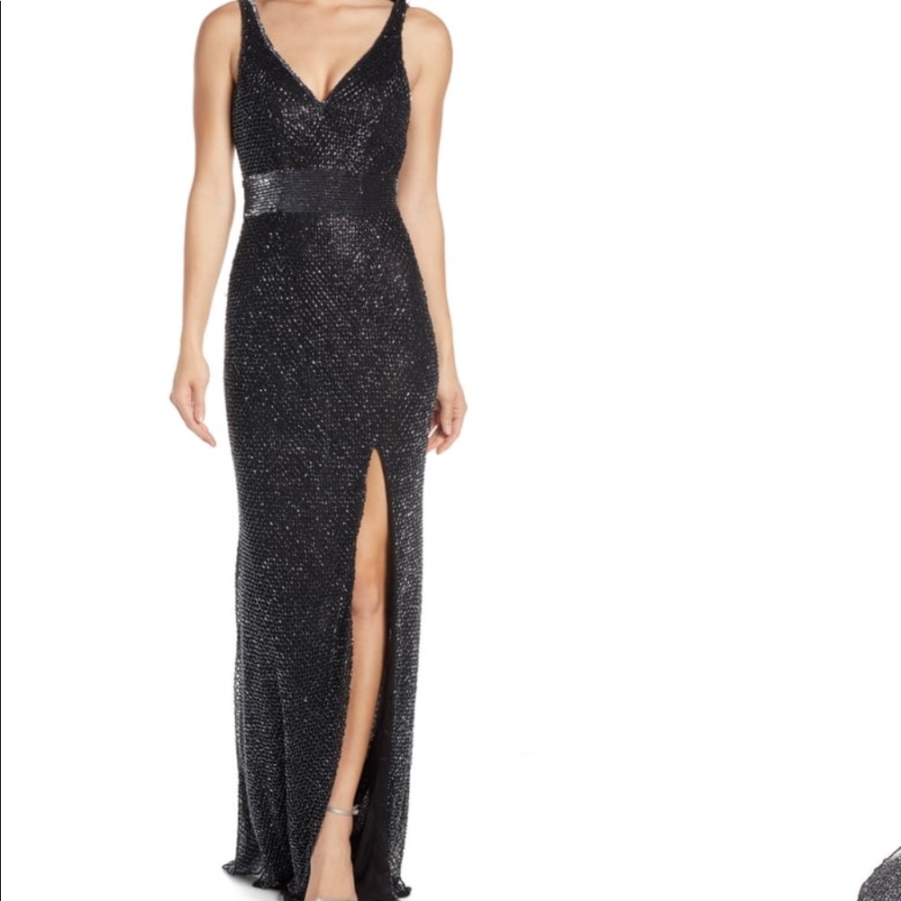 Mac Duggal black beaded prom dress